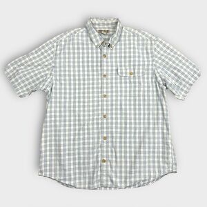 Duluth Trading Co Mens XL Blue White Plaid Short Sleeve Button Down Cotton Shirt